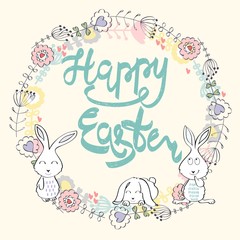 Happy Easter greeting card with bunny and flower. Hand drawn lettering.