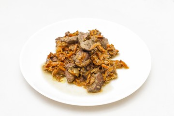 liver with carrots isolated  plate white