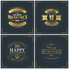 Obraz premium Set of Happy Valentines Day Vintage Retro Golden Badges. Valentines Day Greeting Card or Poster. Vector Design Template with Dark Background