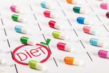 pills of different colors lie on the diet plan. Schedule of pills. Focus on the word diet