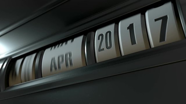 A 3D render timelapse of a mechanical odometer concept with dates and years increasing over time