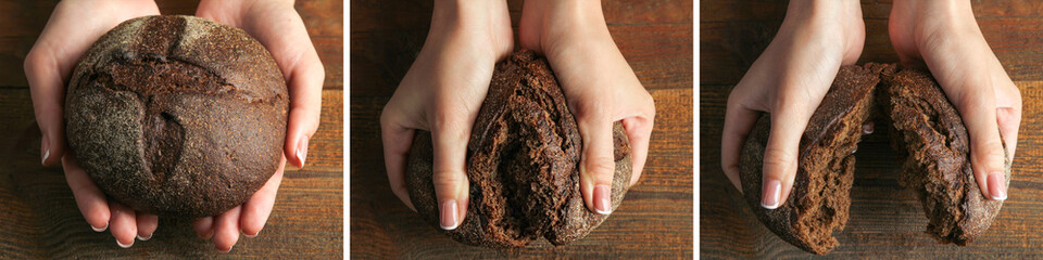 Female hands breaking in half round black bread.Collage