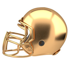 Golden American football helmet Illustration. Side view. Sport equipment. Symbol of Cup or Trophy. 3D render Illustration Isolated on white background.