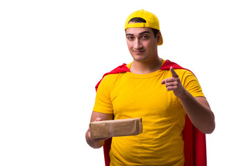 Super hero delivery guy isolated on white