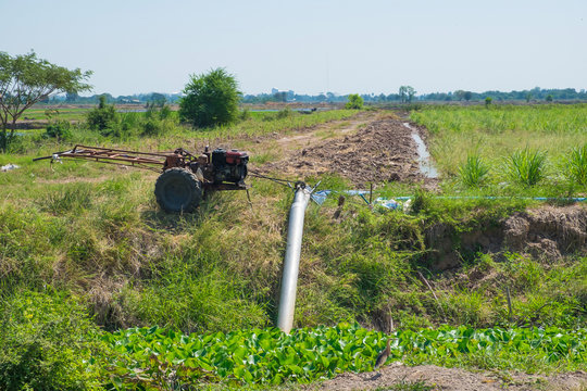 Farmers Pumping water to Jasmine rice fields with old tractor.