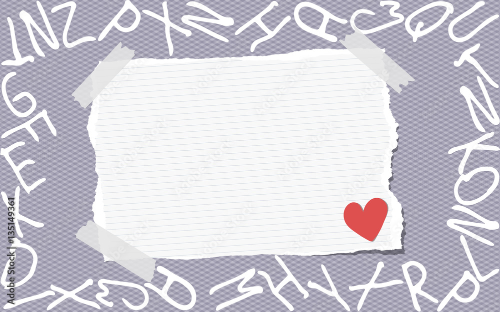 Fototapete ripped white ruled note, notebook, copybook paper stuck on gray squared pattern created of alphabet 