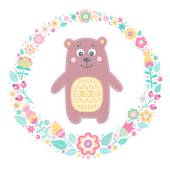 Obraz premium Cute bear. Vector card with hand drawn bear and floral wreath. Pastel colors - yellow, pink, white, green, brown. Illustration in flat style. Isolated. On white background.