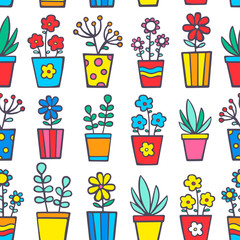 Doodle house plants. Vector seamless pattern with hand drawn plants in pots. Nice doodle flowers on white background. Red, yellow, blue, green, orange and white colors.