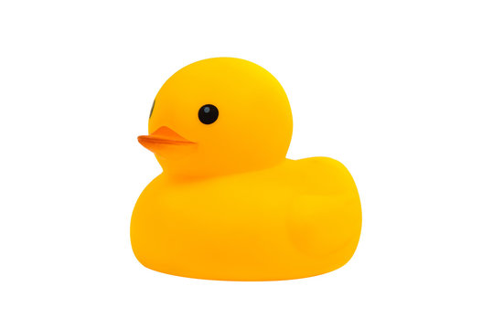 Yellow rubber duck toy, isolated on white background.