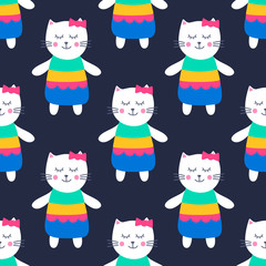 Nice cat. Vector seamless pattern with hand drawn girl kitty in dress. Colorful childish background with white animals. On black backdrop.