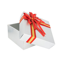 Silver gift box and red ribbon isolated on white background