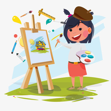 artist female or girl painting on canvas with art icons. character design. Creative people professions collection. - vector illustration