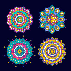 Set of colorful doodle mandalas. Circle lace ornament. Vector hand drawn ethnic floral pattern. Abstract tribal flowers set. Bright elements on dark blue background.