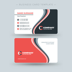 Double-sided Business Card Template with Abstract Red and Black Waves Background. Vector Illustration. Stationery Design