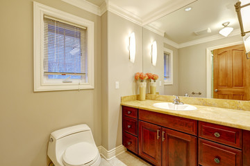 Light tones bathroom interior with vanity cabinet