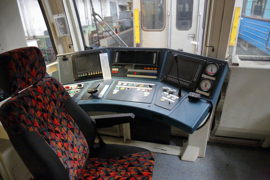Interior and elements of control in driver's cab of the subway train