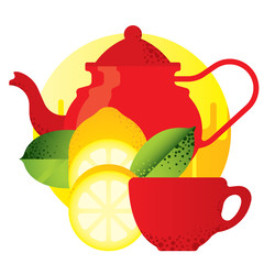 red kettle and teacup, yellow lemon and green leaves