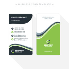 Vertical Double-sided Business Card Template with Abstract Green and Black Waves Background. Vector Illustration. Stationery Design