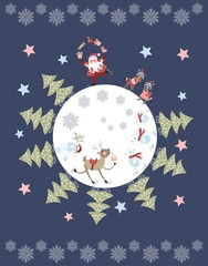 Cute cartoon Santa Claus juggling gifts, reindeer, snowman, polar bears, little raccoons and christmas trees on skates. Vector illustration. Round composition. Greeting card with snowflakes and stars.