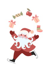 Cute cartoon cheerful Santa Claus juggling gifts isolated on white background. Vector illustration. Greeting Card Merry Christmas!