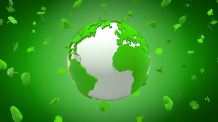 St Patrick's Day planet - Earth surrounded by green hearts and shamrocks