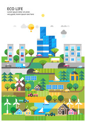 Obraz na płótnie Canvas Abstract illustrations - Ecologically clean nature, the modern city and detached production. Transport. Renewable energy. Ecosystem infographics