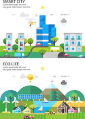 Modern city. Transport connection. Environmental city. Rural life. Renewable energy. Rural landscape. Ecosystem.