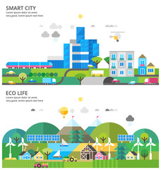 Modern city. Transport connection. Environmental city. Rural life. Renewable energy. Rural landscape. Ecosystem.