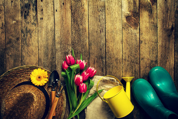 Gardening tools, flowers, watering can, rubber boots and straw h © nerudol