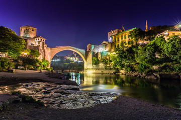 July 11, 2016: Night time at the Stari Most bridge in the town of Mostar