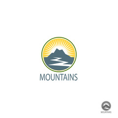 Mountains logo, Icon in color. Climbing label, hiking travel and adventure