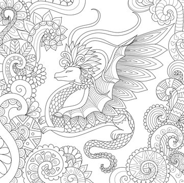 Abstract pretty dragon flying in floral forest design for adult coloring book page
