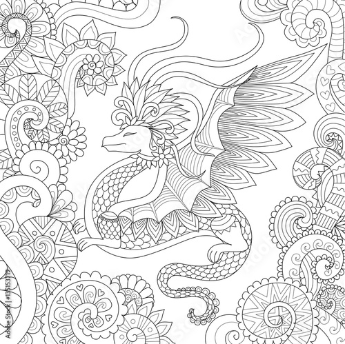 "Abstract pretty dragon flying in floral forest design for adult ...