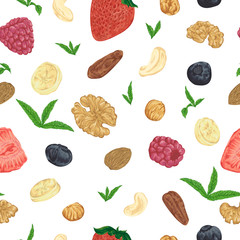 Seamless pattern with nuts, berries and mint leaves. strawberry, raspberry, blueberry, banana, walnut, almond, hazelnut, cashew, brazil nut. Hand drawn vector illustration
