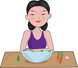 Cartoon illustration of a woman eating vegetable