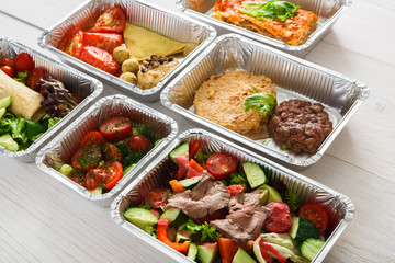 Healthy food in boxes, diet concept.