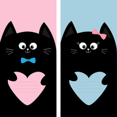 Black cat kitty family holding pink blue heart shape paper. Poster Notebook cover Composition book template. Cute cartoon character set. Pet baby collection Card. Flat design. Color background