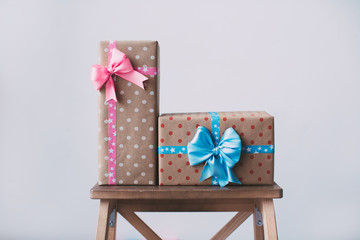 Stylish gift boxes with ribbons.