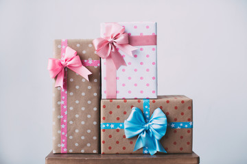Collection of Colorful Gifts Boxes with Ribbon for Party.