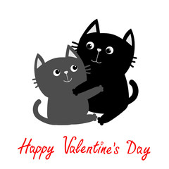 Black Gray Cat hugging couple family. Hug, embrace, cuddle. Cute funny cartoon character. Happy Valentines day Greeting card. Kitty Whisker Baby pet White background. Isolated. Flat design.