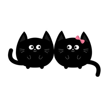 Round shape black cat icon. Love family couple. Boy Girl Cute funny cartoon smiling character. Kawaii animal. Happy emotion. Kitty kitten Baby pet collection. White background. Isolated. Flat design.