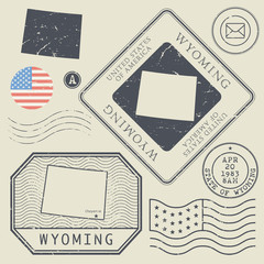 Retro vintage postage stamps set Wyoming, United States
