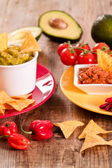 Guacamole and nacho chips. 