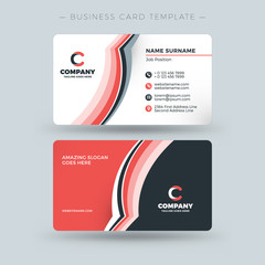 Double-sided Business Card Template with Abstract Red and Black Waves Background. Vector Illustration. Stationery Design