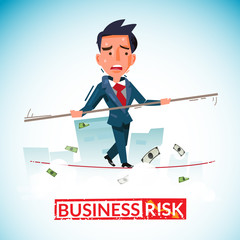 businessman balancing on rope, business risk concept with typogr