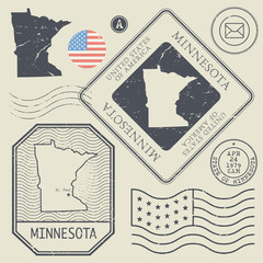 Retro vintage postage stamps set Minnesota, United States