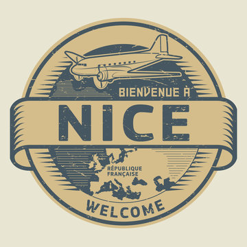 Stamp or tag with airplane and text Welcome to Nice, France