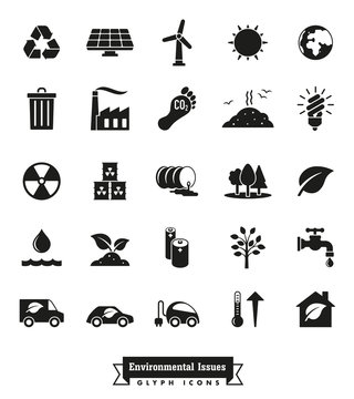 Environmental Issues Glyph icons set. Collection of Environment and Climate related vector icons