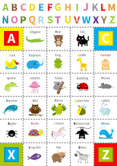 Animal zoo alphabet poster. Letters with eyes. Cute cartoon character set. Isolated. White background Flat design. Baby children education. Alligator bear cat duck elephant frog giraffe hamster iguana