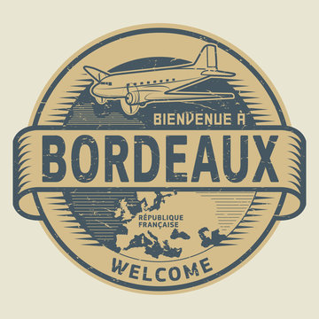 Stamp or tag with airplane and text Welcome to Bordeaux, France